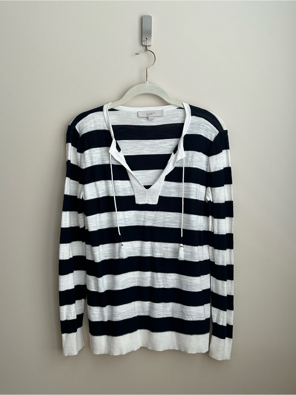 LOFT Women’s Navy and White Striped V-Neck Sweater